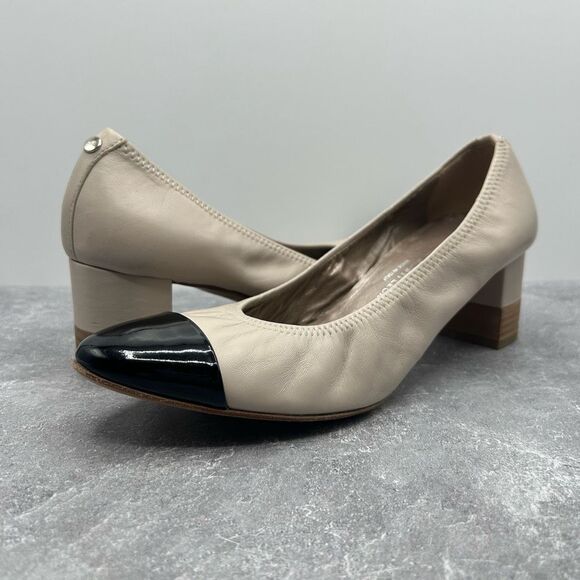 Agl Attilio Giusti Leombruni Leather Beige Black Pumps Size 38 Block Heels - Picture 1 of 15